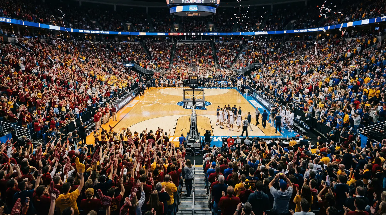 Apuestas baloncesto universitario NCAA: ambiente de March Madness en un pabellón universitario lleno