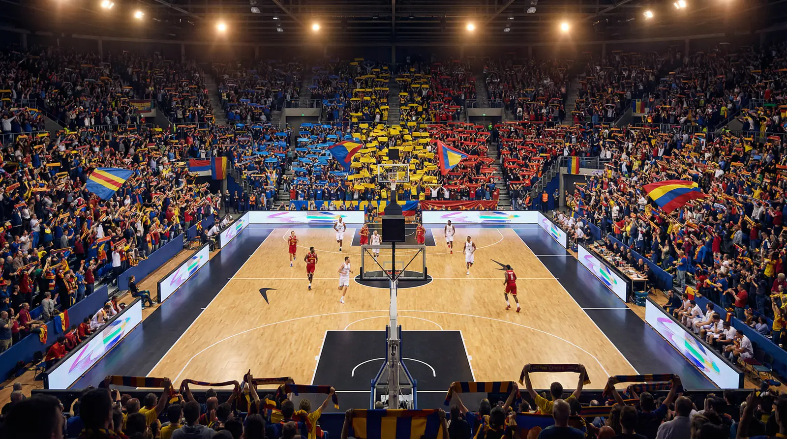 Apuestas ACB y Euroliga: pabellón de baloncesto europeo con grada llena durante un partido