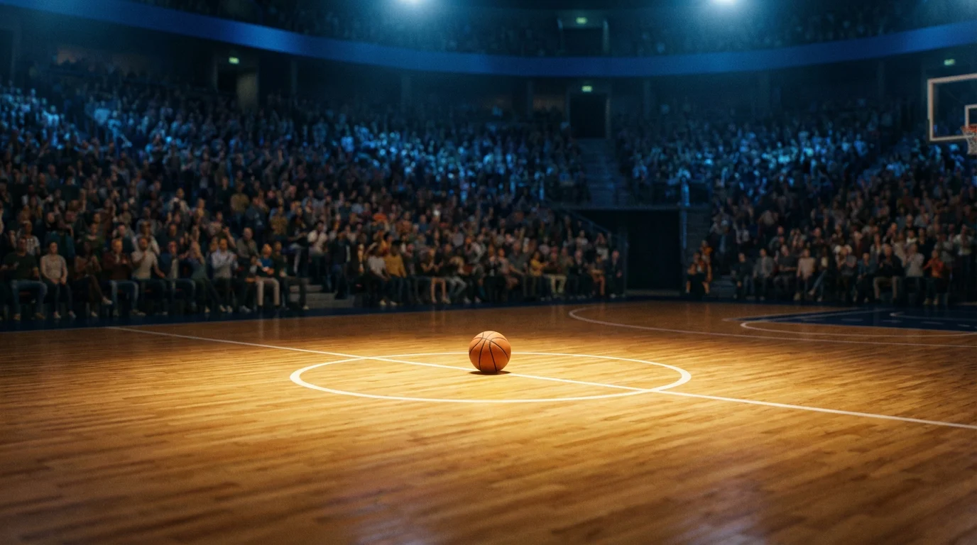 Cancha de baloncesto profesional iluminada durante un partido nocturno con gradas llenas de aficionados