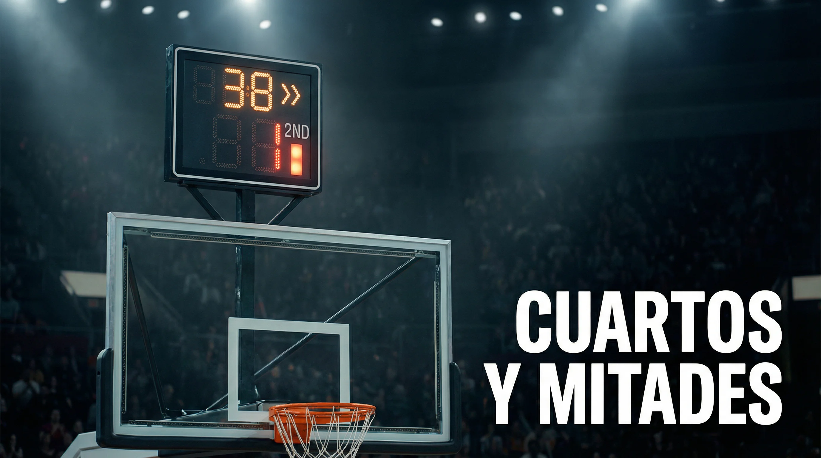 Apuestas por cuartos y mitades en baloncesto — reloj de pabellón mostrando fin de cuarto