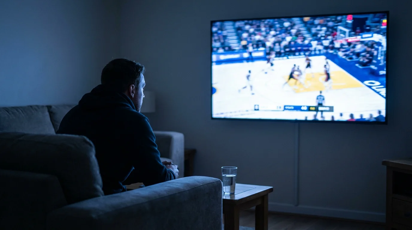 Apuestas en vivo NBA: aficionado viendo un partido de baloncesto NBA en directo con atención
