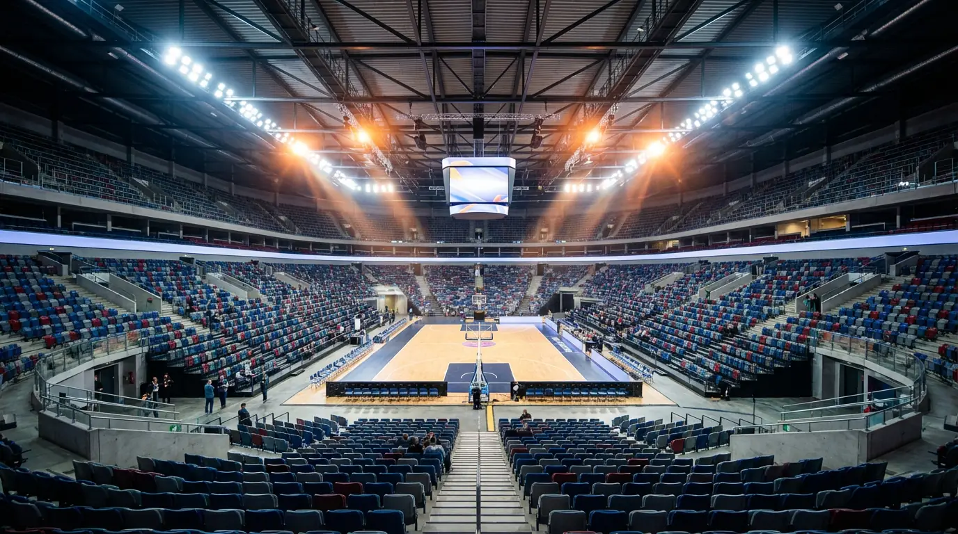 Apuestas Euroliga baloncesto: pabellón europeo iluminado antes de un partido de Euroliga