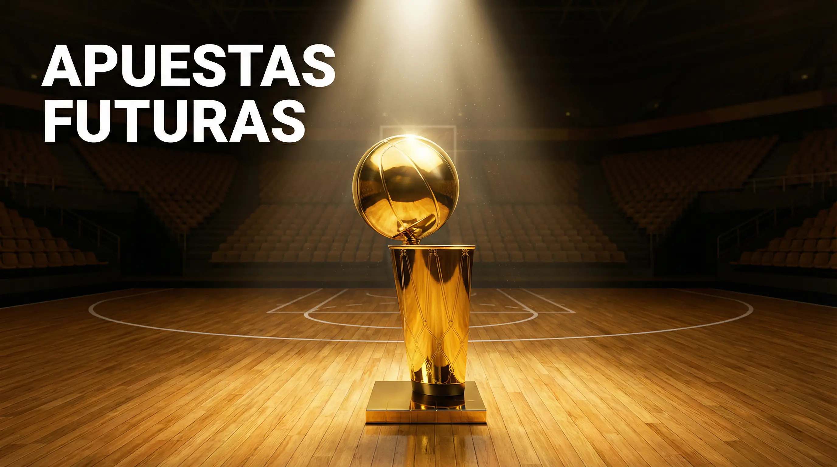 Apuestas futuras de baloncesto — trofeo de campeonato NBA sobre parqué de cancha