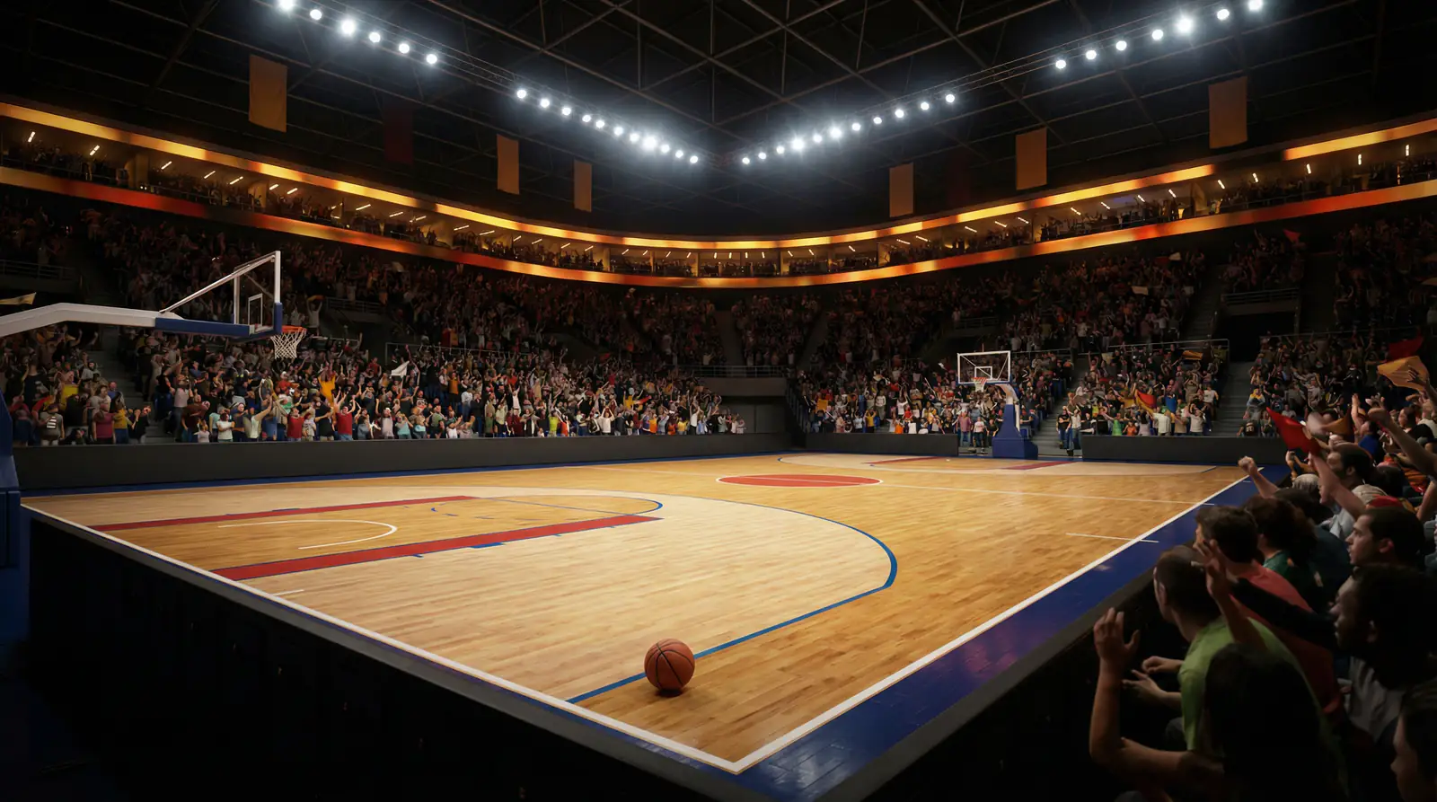 Apuestas Liga Endesa ACB: cancha de baloncesto español con ambiente de pabellón lleno