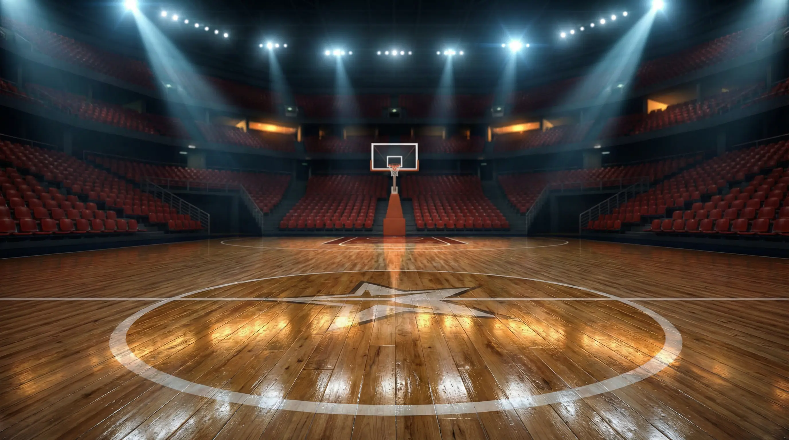 Apuestas NBA: cancha de baloncesto profesional iluminada durante un partido nocturno