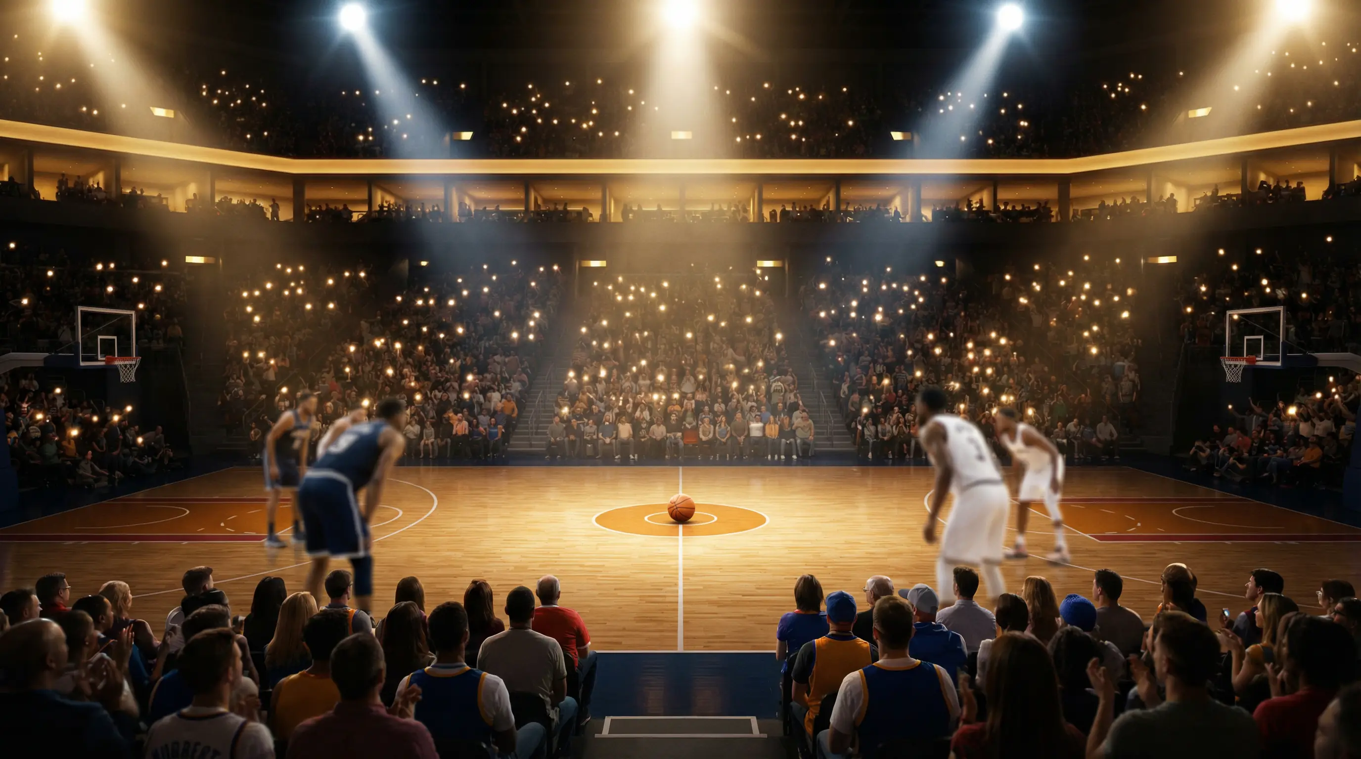 Apuestas NBA temporada regular: pabellón de baloncesto durante un partido nocturno