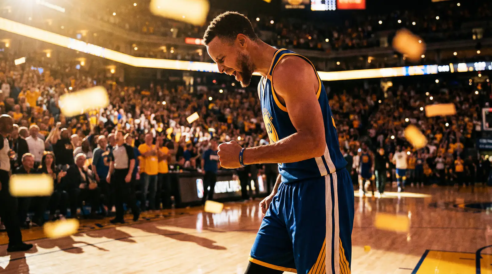 Apuestas playoffs NBA: jugador de baloncesto celebrando una canasta decisiva en postemporada