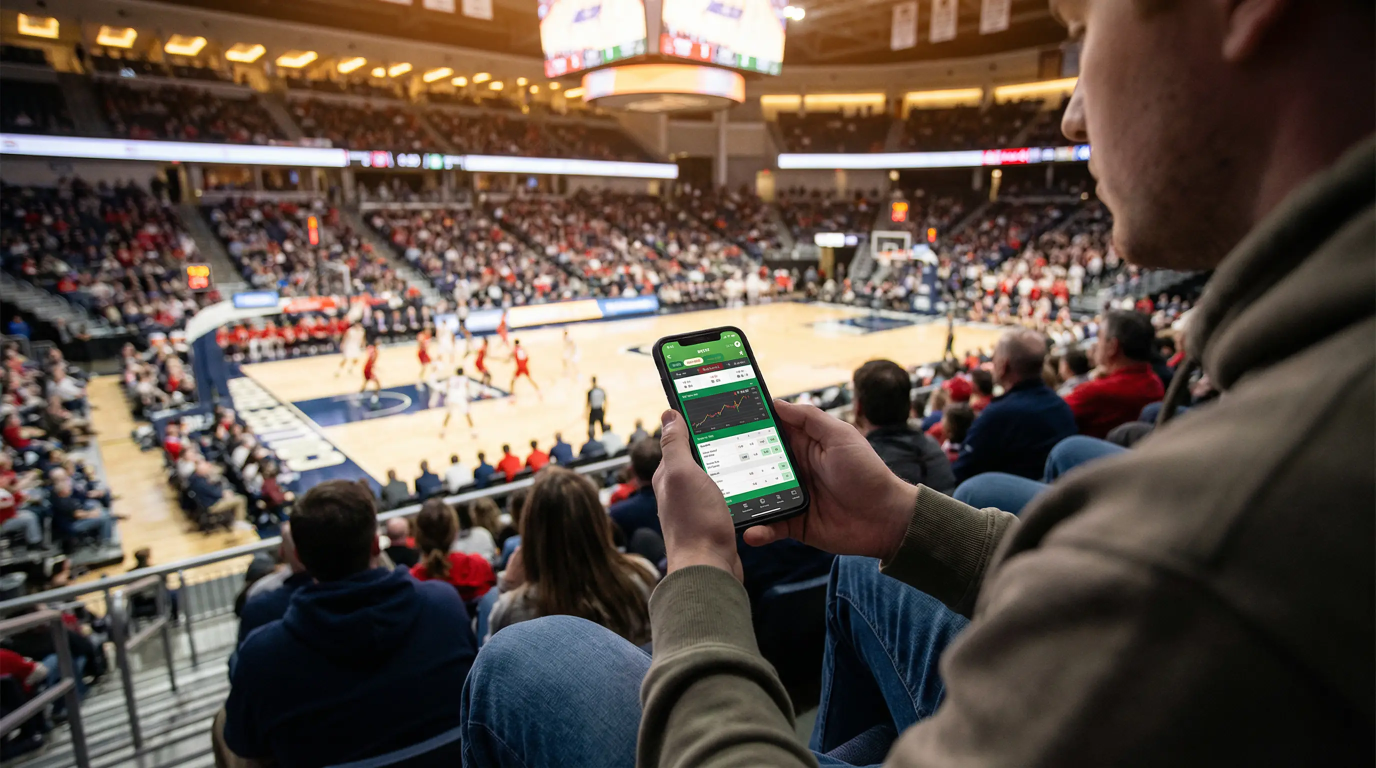 Aficionado siguiendo un partido de baloncesto NBA en directo desde una grada con el móvil en la mano