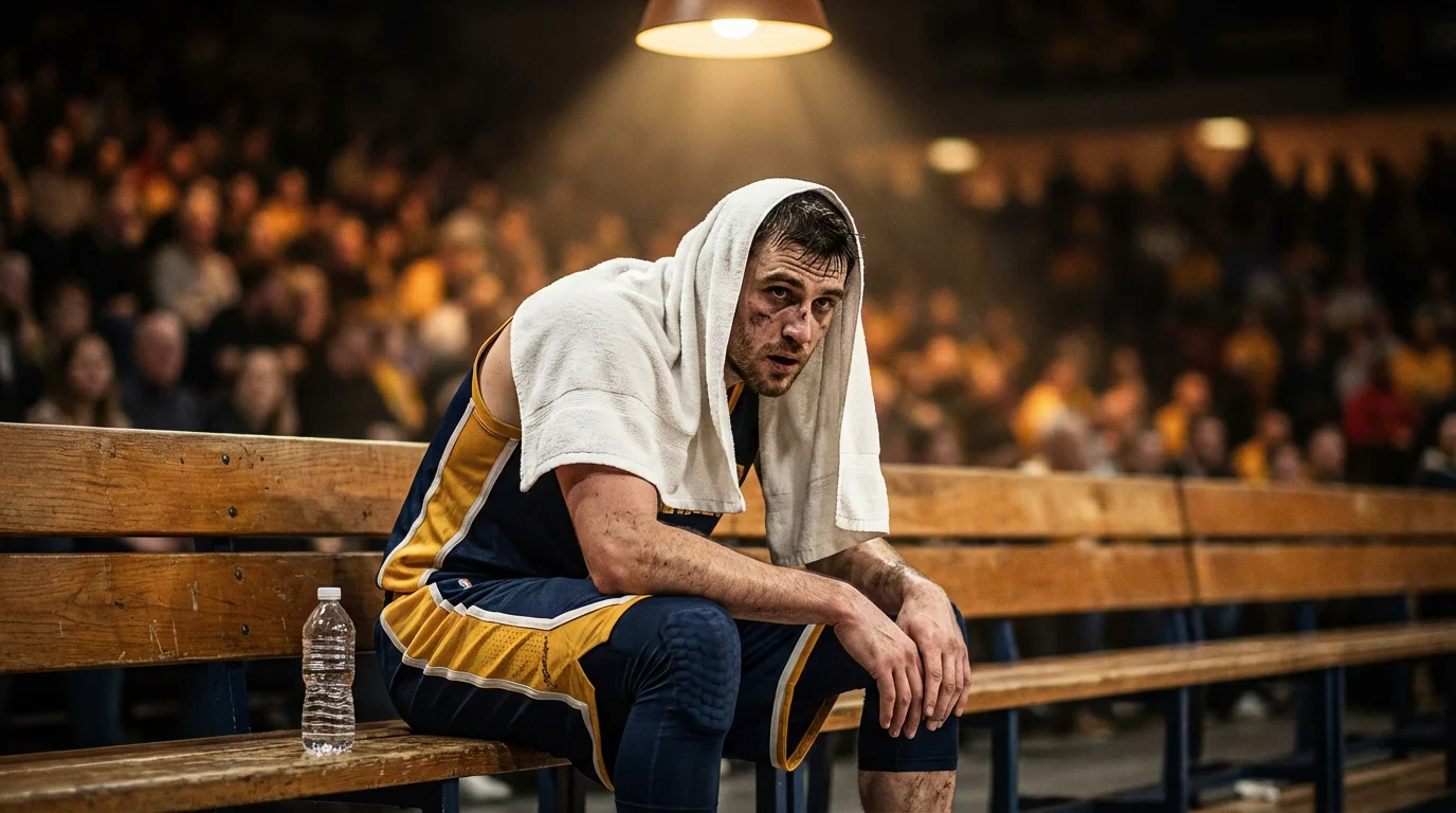Back-to-back NBA: jugador de baloncesto agotado sentado en el banquillo tras un partido