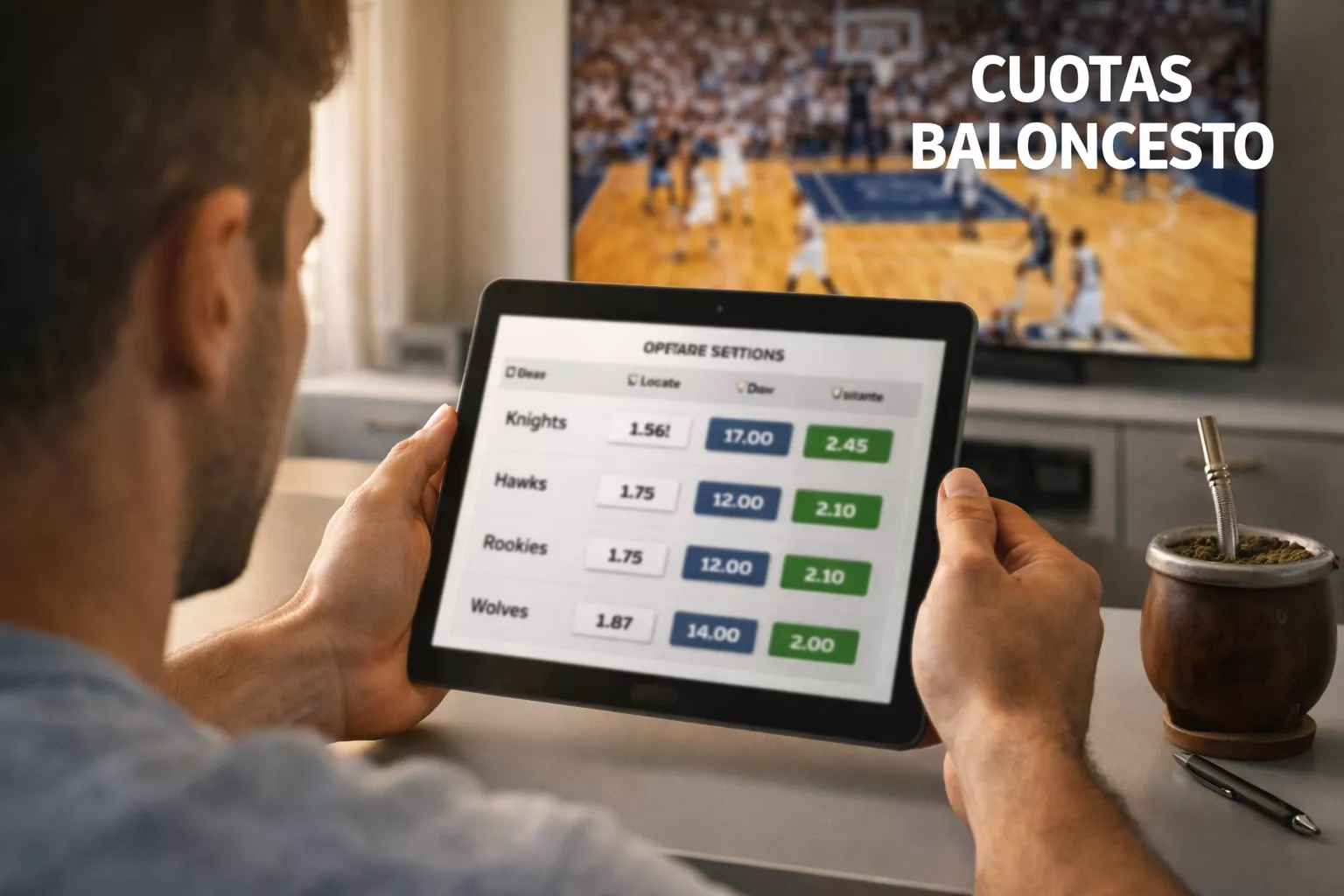 Cómo leer cuotas de baloncesto — persona analizando cuotas en pantalla con partido de fondo