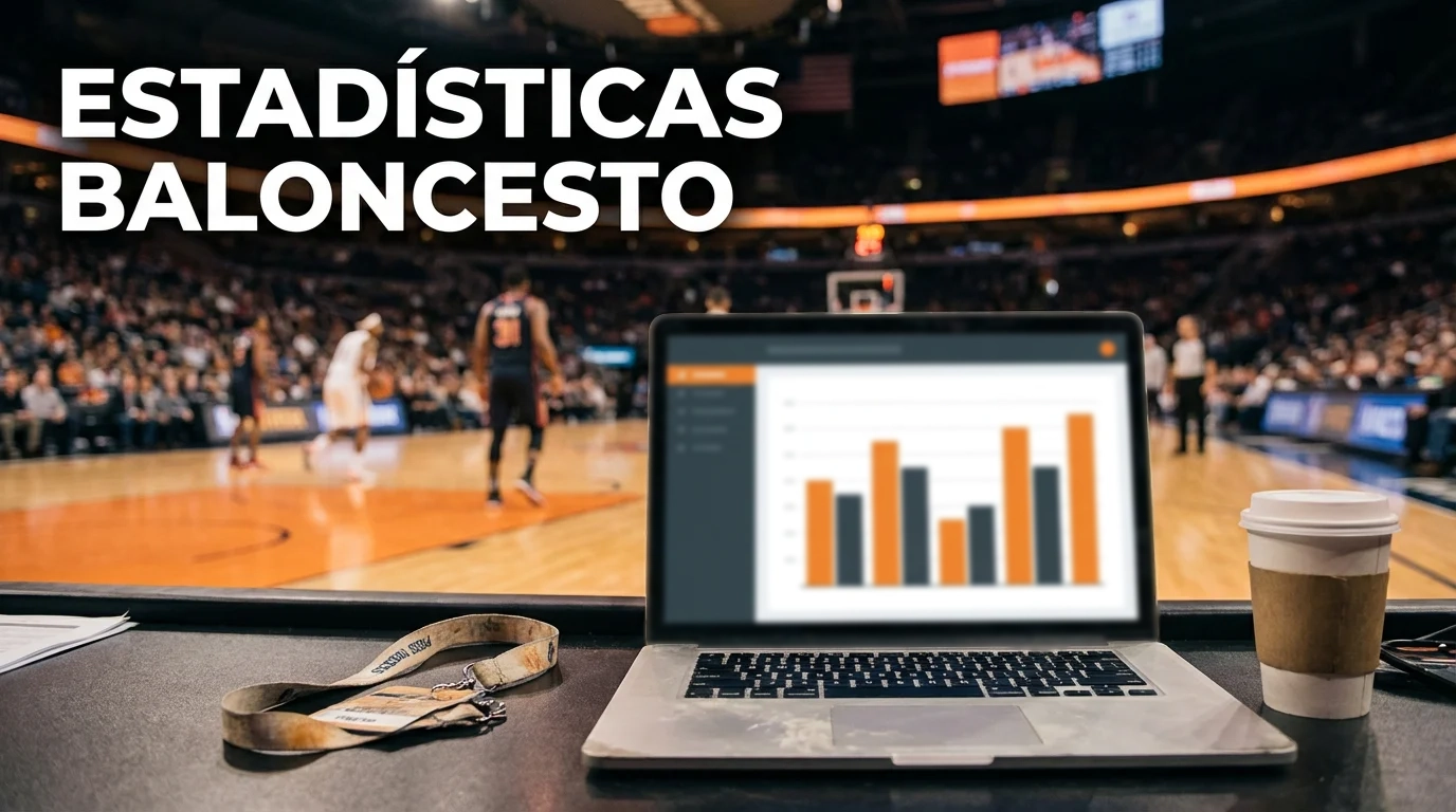 Estadísticas clave para apostar en baloncesto — portátil con datos de rendimiento junto a cancha