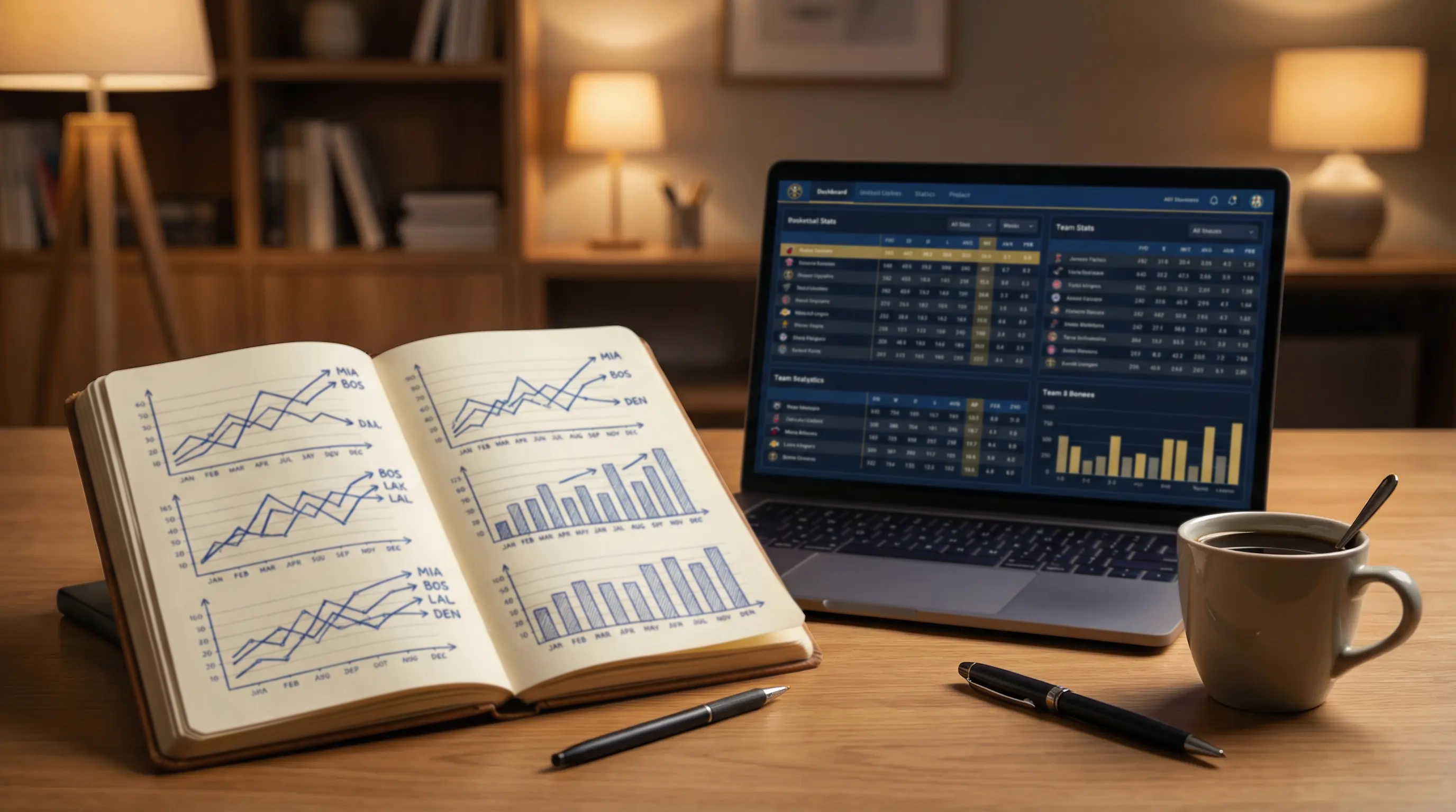 Cuaderno abierto con gráficos simples de rendimiento de equipos de baloncesto junto a un portátil con datos estadísticos