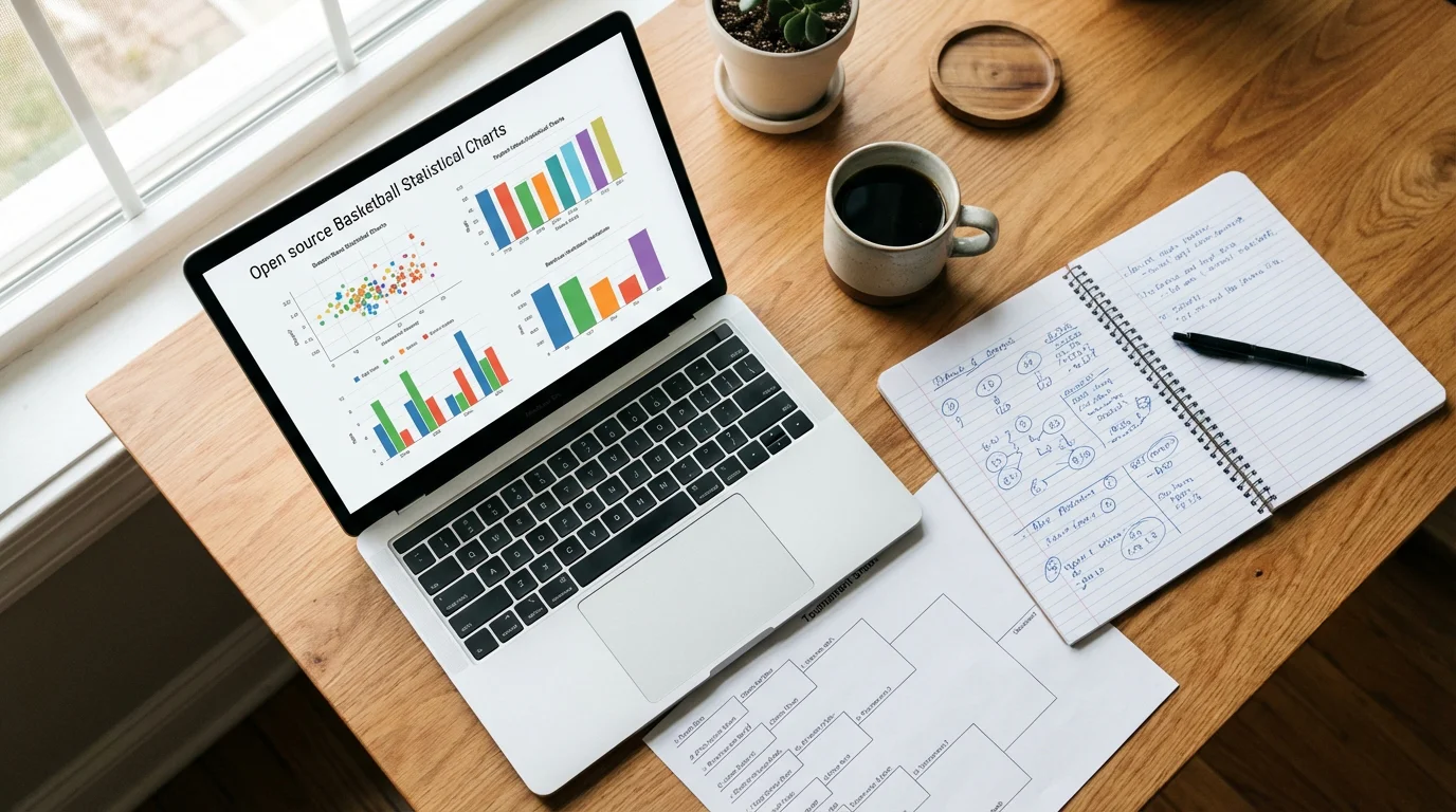 Persona analizando estadísticas de baloncesto en un portátil con notas escritas a mano sobre una mesa