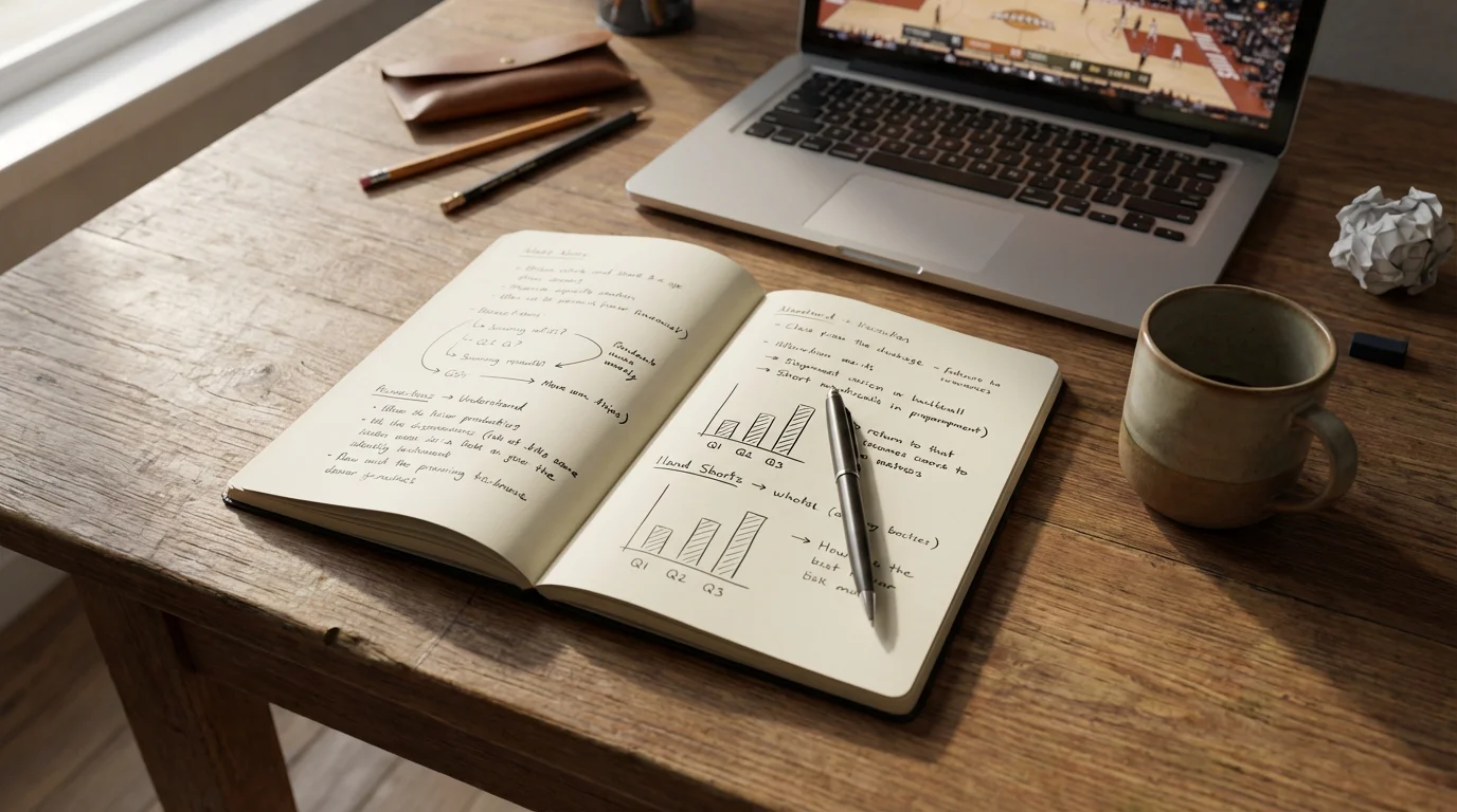 Estrategias de apuestas en baloncesto: persona analizando estadísticas de partidos en un cuaderno