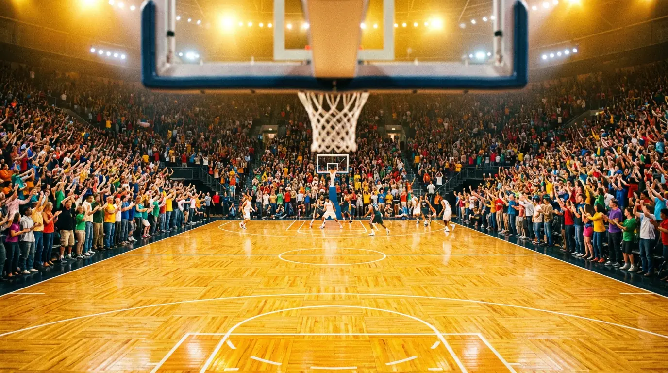 Factor cancha en apuestas de baloncesto con público animando en pabellón