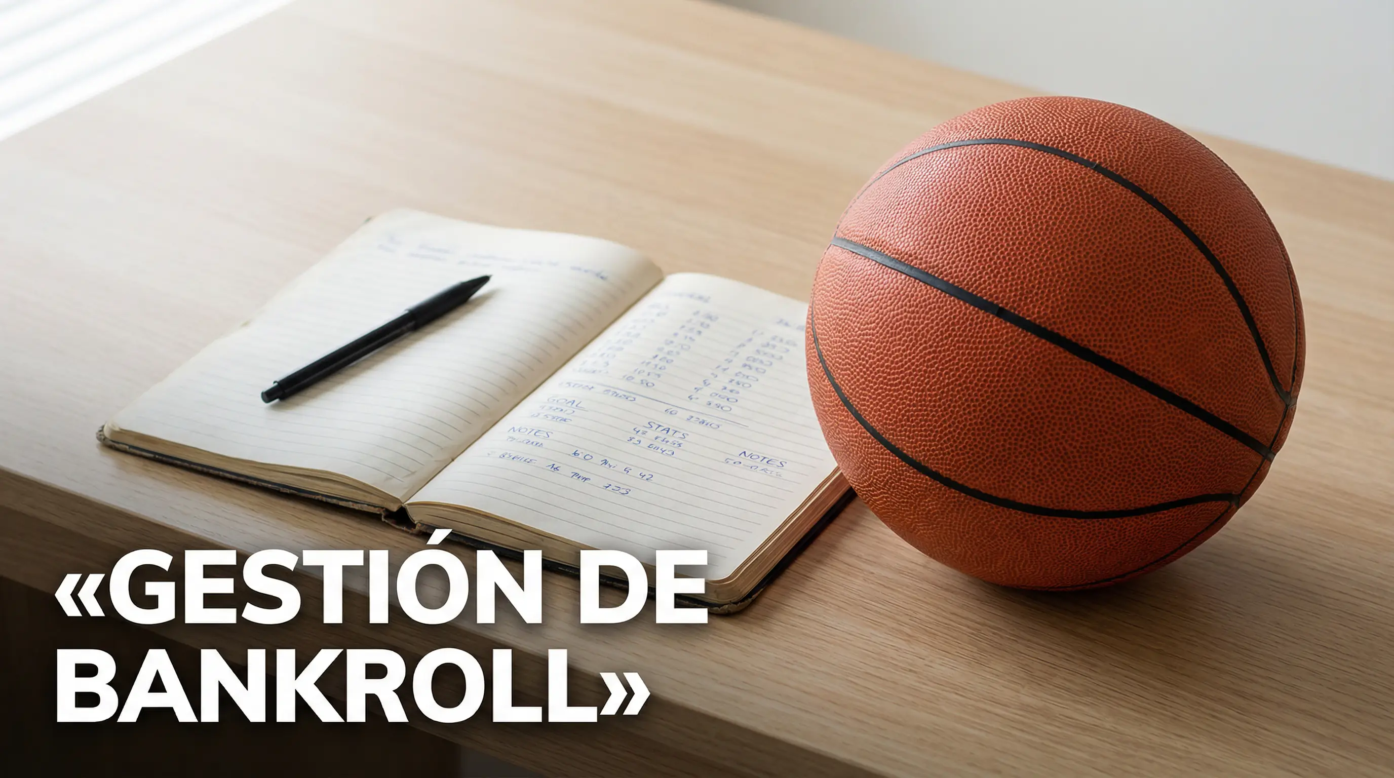 Gestión de bankroll en apuestas de baloncesto — libreta con anotaciones de stakes junto a balón