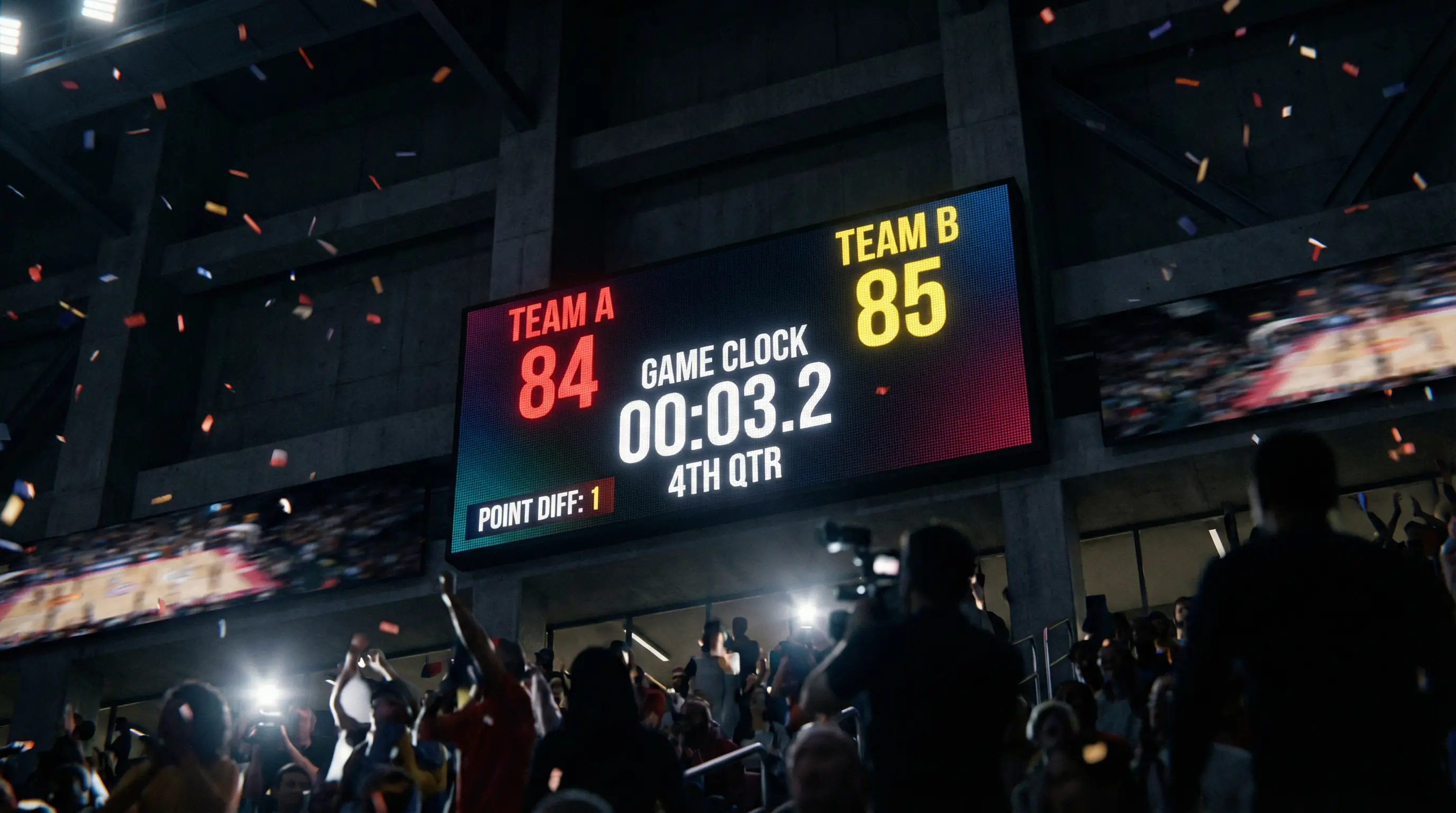 Marcador electrónico de baloncesto mostrando la diferencia de puntos entre dos equipos durante un partido de Euroliga