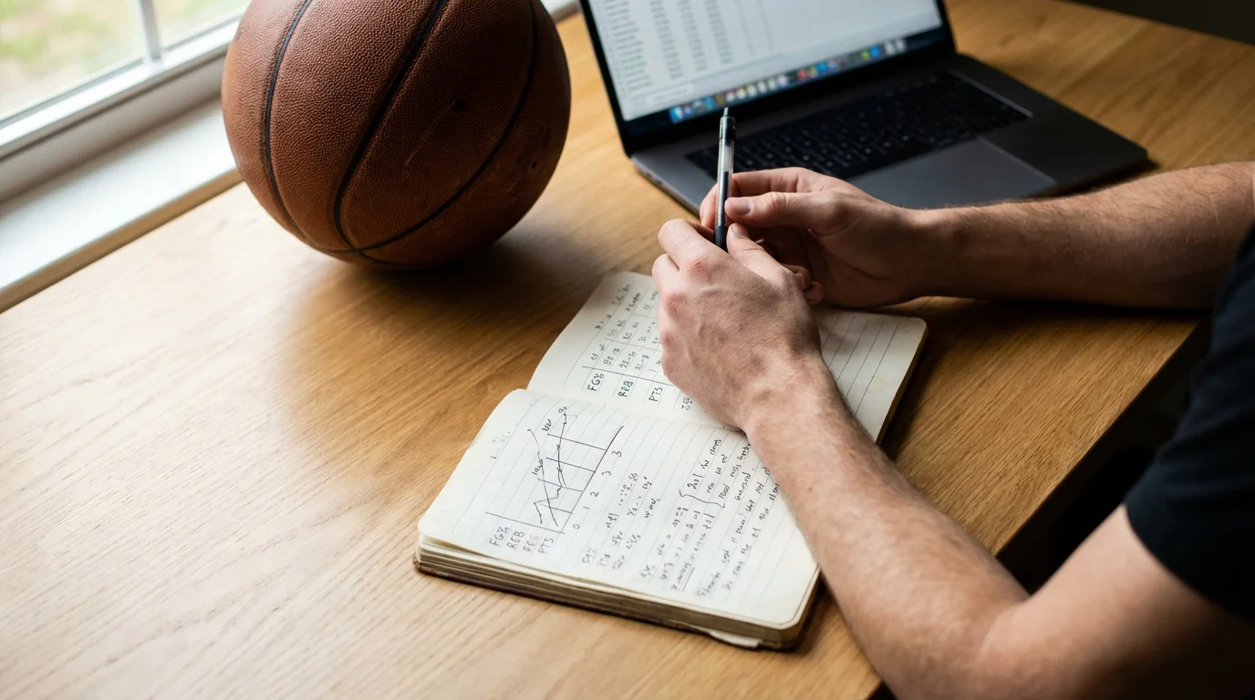 Value betting en baloncesto: persona analizando estadísticas de baloncesto en un escritorio con libreta y bolígrafo